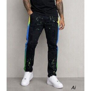 Focus Jeans Men's W40 L34 Moto Paint Splatter Distressed Denim With Side Stripes